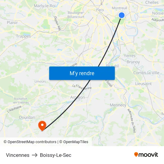 Vincennes to Boissy-Le-Sec map