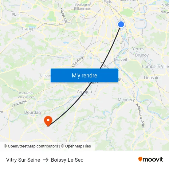 Vitry-Sur-Seine to Boissy-Le-Sec map