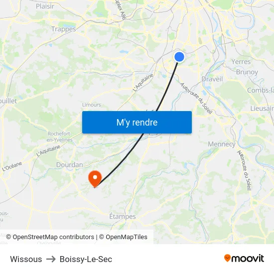 Wissous to Boissy-Le-Sec map