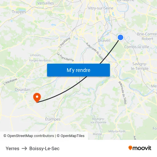 Yerres to Boissy-Le-Sec map