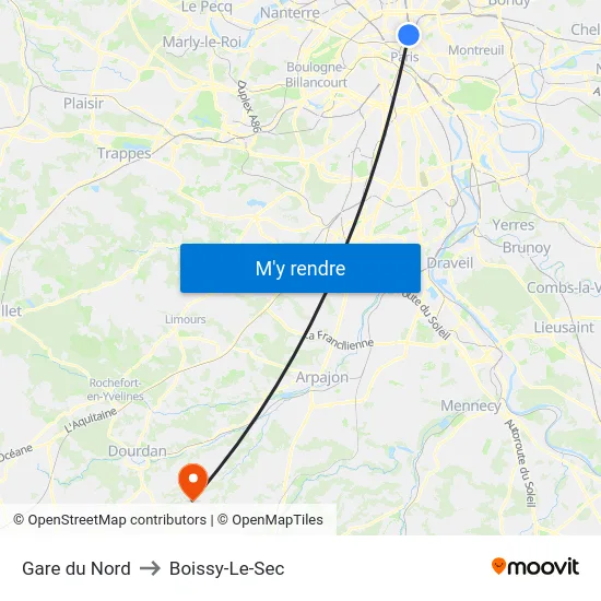 Gare du Nord to Boissy-Le-Sec map