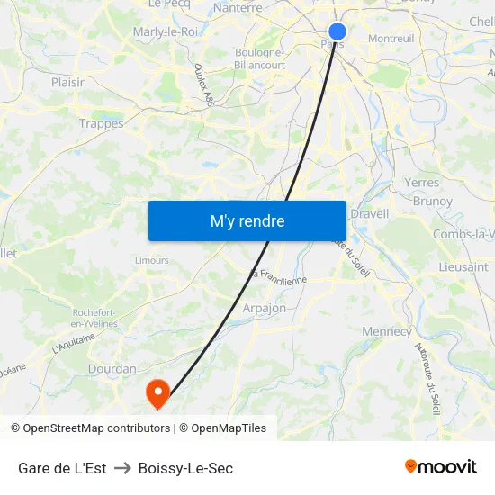 Gare de L'Est to Boissy-Le-Sec map