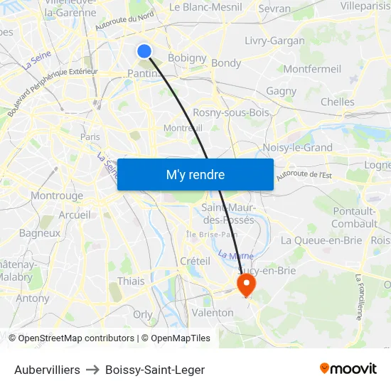 Aubervilliers to Boissy-Saint-Leger map