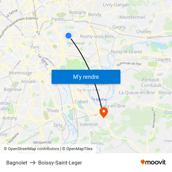 Bagnolet to Boissy-Saint-Leger map