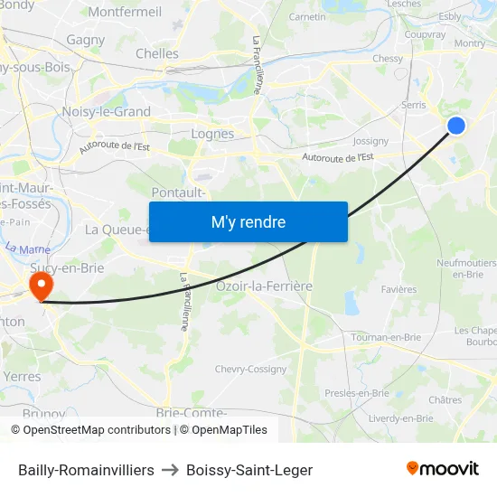 Bailly-Romainvilliers to Boissy-Saint-Leger map
