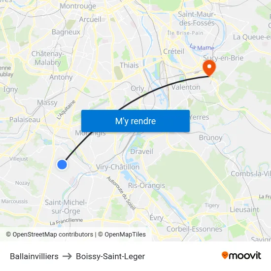 Ballainvilliers to Boissy-Saint-Leger map