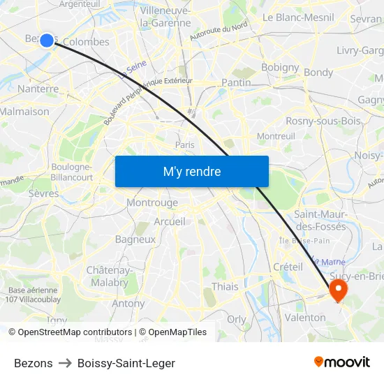 Bezons to Boissy-Saint-Leger map