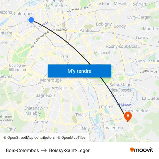 Bois-Colombes to Boissy-Saint-Leger map