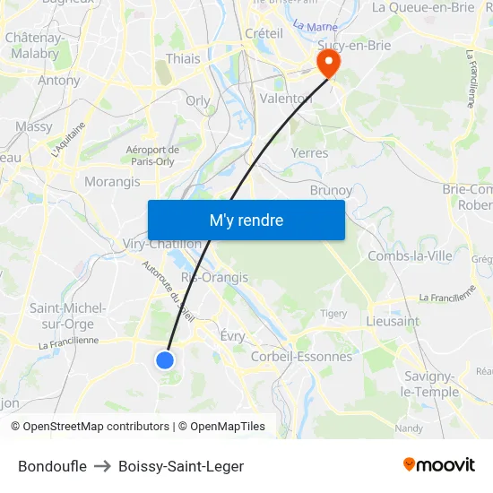 Bondoufle to Boissy-Saint-Leger map