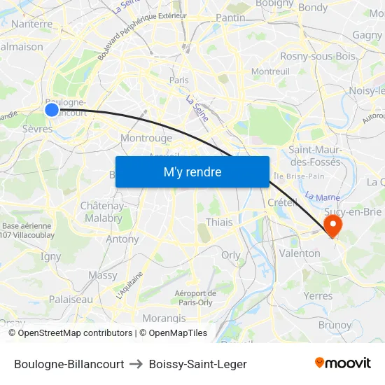 Boulogne-Billancourt to Boissy-Saint-Leger map