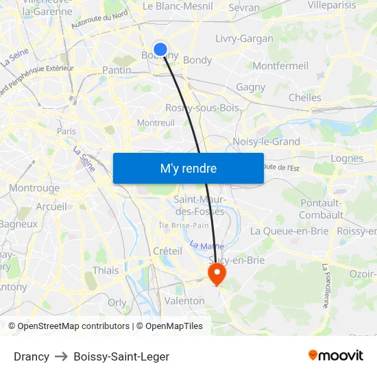 Drancy to Boissy-Saint-Leger map