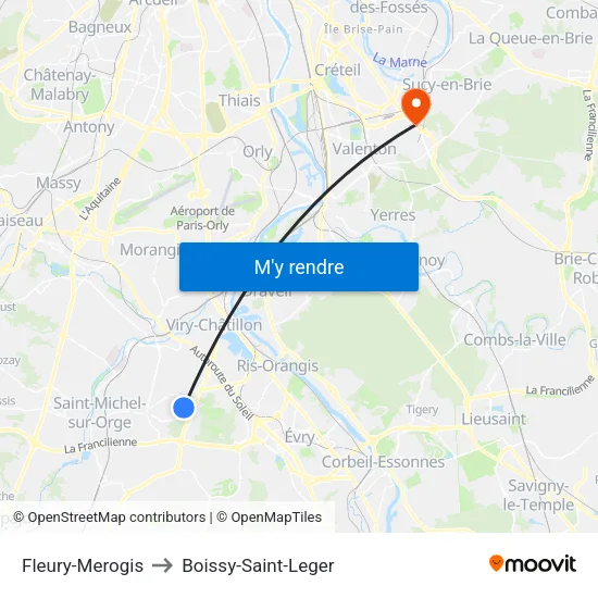 Fleury-Merogis to Boissy-Saint-Leger map
