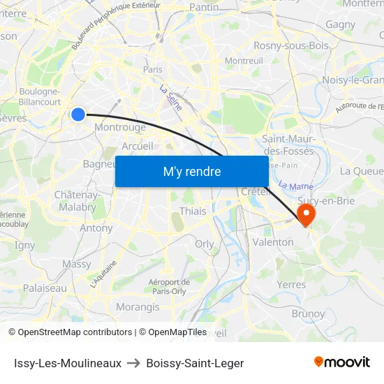 Issy-Les-Moulineaux to Boissy-Saint-Leger map