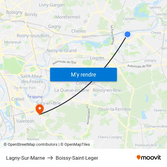 Lagny-Sur-Marne to Boissy-Saint-Leger map