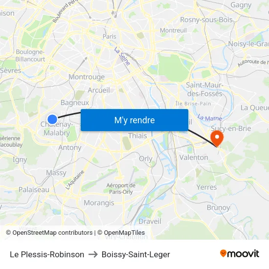 Le Plessis-Robinson to Boissy-Saint-Leger map
