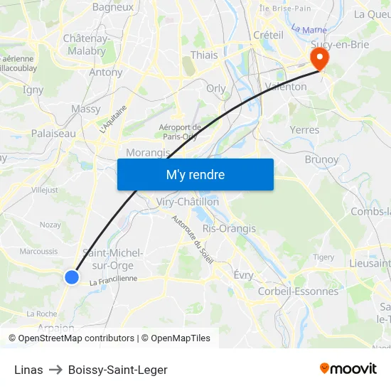 Linas to Boissy-Saint-Leger map