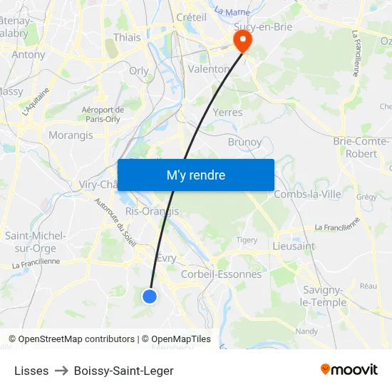Lisses to Boissy-Saint-Leger map
