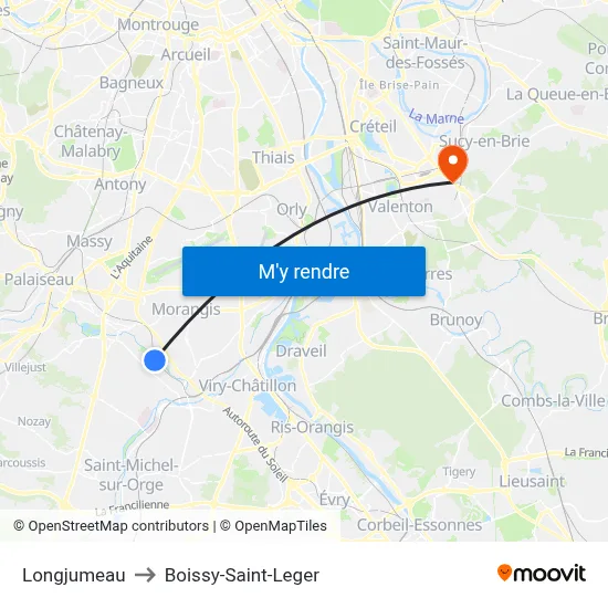 Longjumeau to Boissy-Saint-Leger map