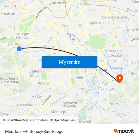 Meudon to Boissy-Saint-Leger map
