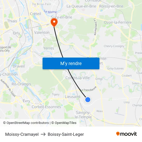 Moissy-Cramayel to Boissy-Saint-Leger map