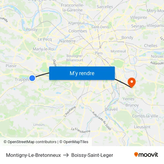 Montigny-Le-Bretonneux to Boissy-Saint-Leger map