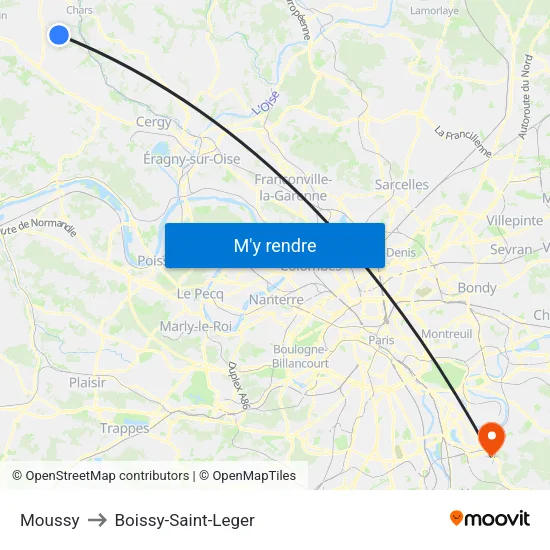 Moussy to Boissy-Saint-Leger map