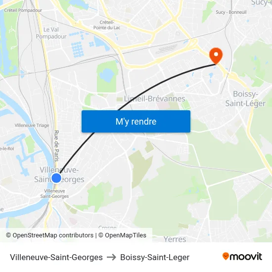 Villeneuve-Saint-Georges to Boissy-Saint-Leger map