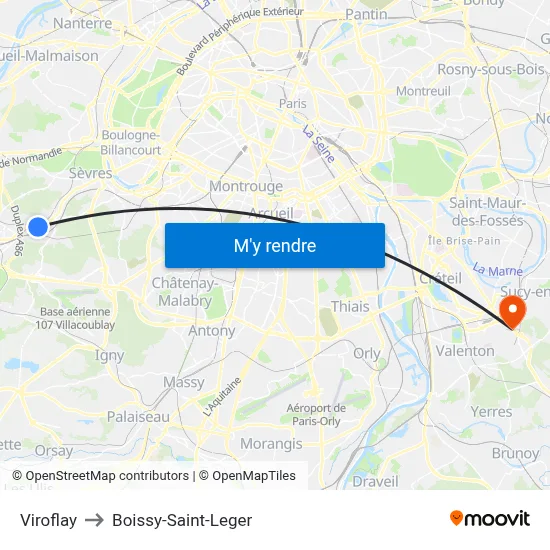 Viroflay to Boissy-Saint-Leger map