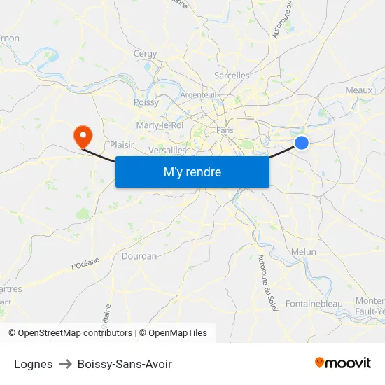 Lognes to Boissy-Sans-Avoir map