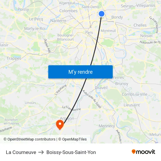 La Courneuve to Boissy-Sous-Saint-Yon map