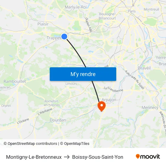 Montigny-Le-Bretonneux to Boissy-Sous-Saint-Yon map