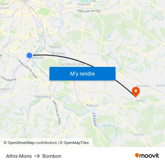 Athis-Mons to Bombon map