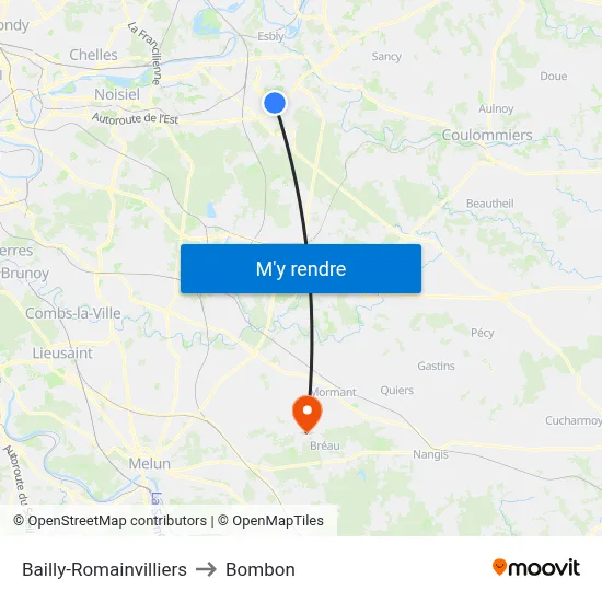 Bailly-Romainvilliers to Bombon map