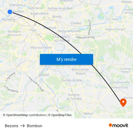 Bezons to Bombon map