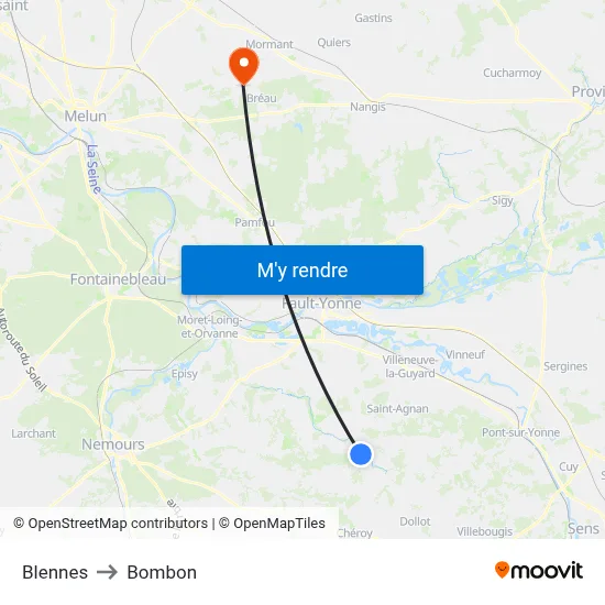 Blennes to Bombon map