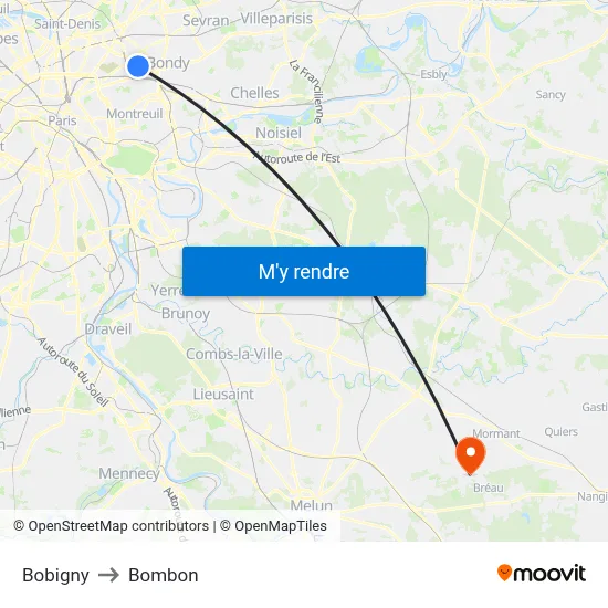 Bobigny to Bombon map