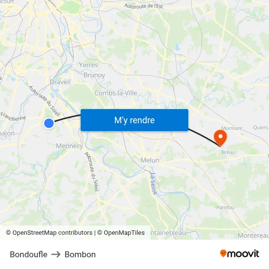 Bondoufle to Bombon map