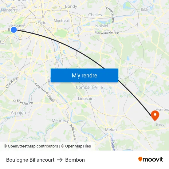 Boulogne-Billancourt to Bombon map