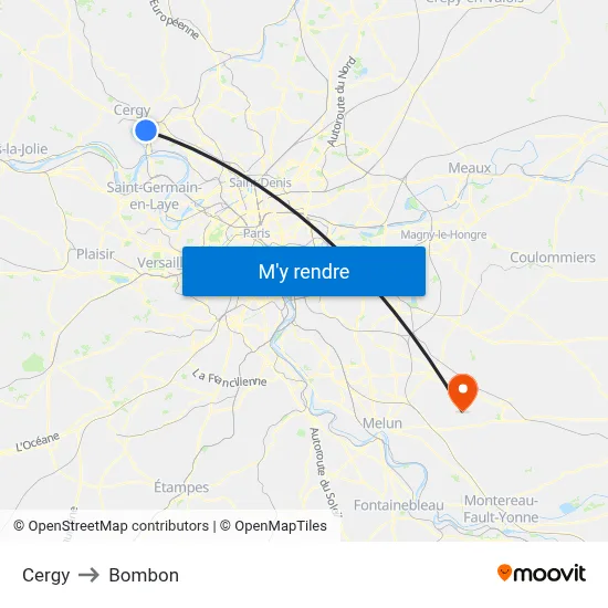 Cergy to Bombon map