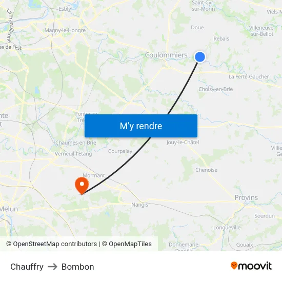 Chauffry to Bombon map