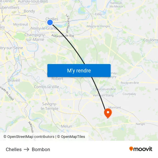 Chelles to Bombon map