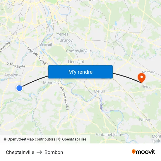 Cheptainville to Bombon map