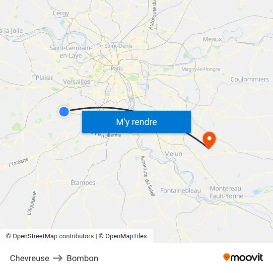 Chevreuse to Bombon map