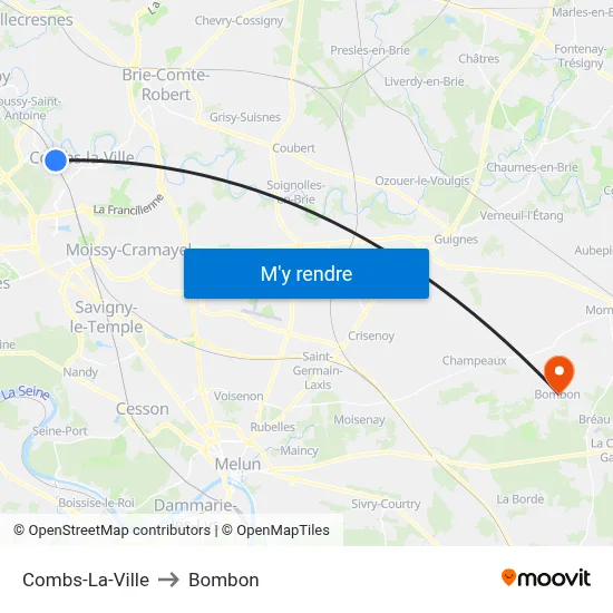 Combs-La-Ville to Bombon map