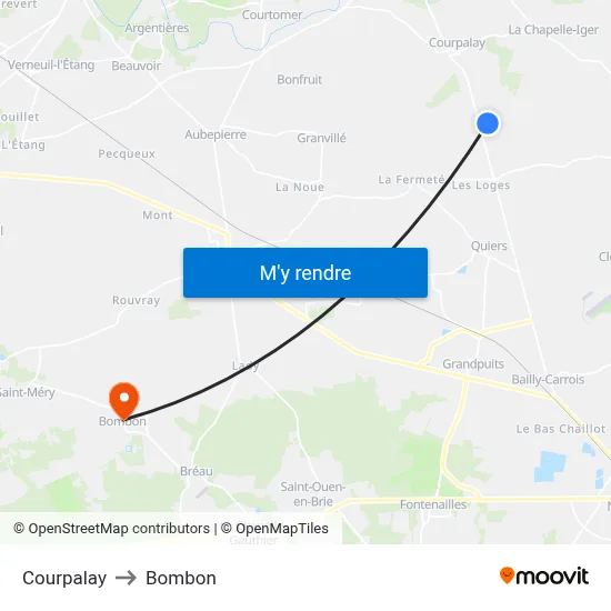 Courpalay to Bombon map