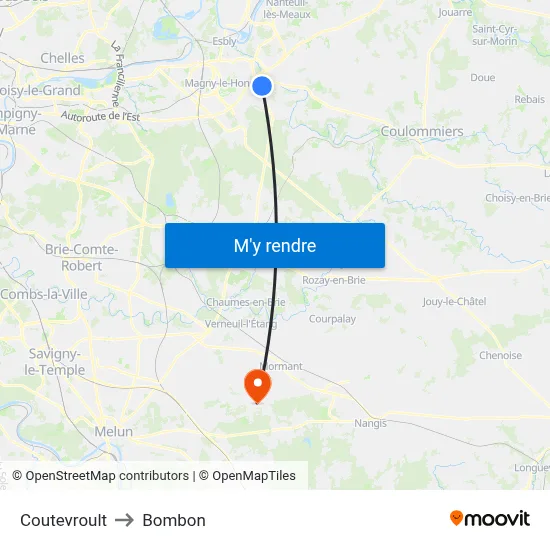 Coutevroult to Bombon map