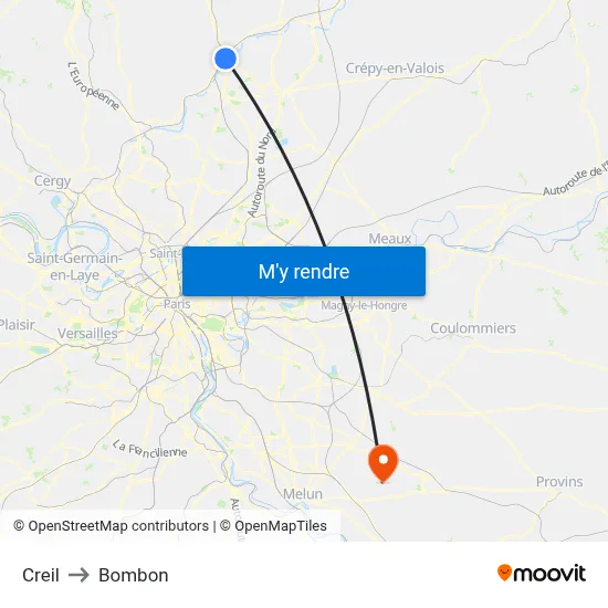 Creil to Bombon map