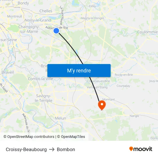 Croissy-Beaubourg to Bombon map