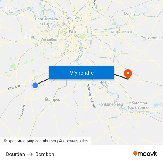 Dourdan to Bombon map