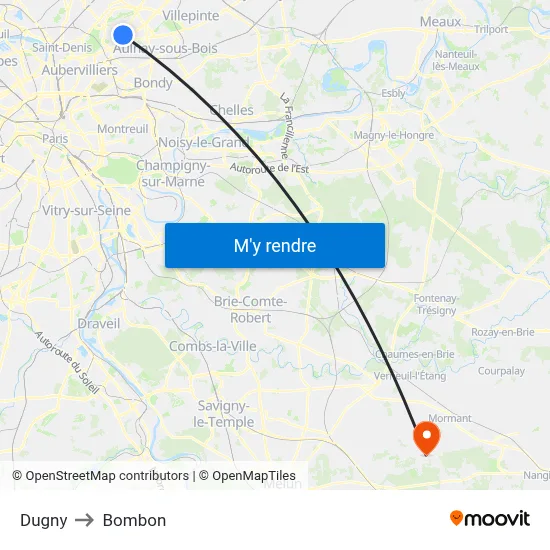 Dugny to Bombon map